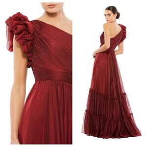 NWT MAC DUGGAL Wine Burgundy Organza One Shoulder Ruffle Gown Women’s Prom